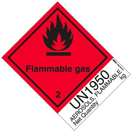 Etikett Klasse 2, Unterklasse 2.1, für entzündbare Gase. Permanentkleber mit einer Haltbarkeit von 2 Jahren im Innen- und Außenbereich.