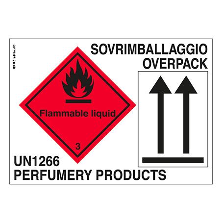 Das Etikett umfasst: Etikett der Klasse 3 mm 100x100, Orientierungspfeile und die Kennzeichnung „UN1266 PERFUMERY PRODUCTS SOVRIMBALLAGGIO / OVERPACK” (Schriftgröße 12 mm). Enthält den Text „Flammable Liquid”, wie von einigen Fluggesellschaften verlangt.
