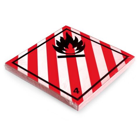 Etikett der Klasse 4, Unterklasse 4.1, für entzündbare feste Stoffe. Permanentkleber mit einer Haltbarkeit von 5 Jahren im Innen- und Außenbereich. Kann mindesten 3 Monate im Seewasser verbleiben, IMDG-Code 5.2.2.2.1.7.