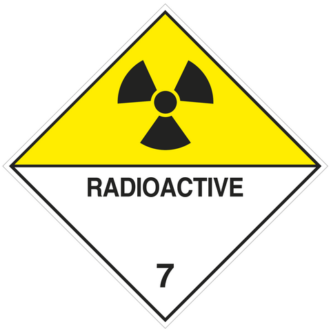 Der Großzettel der Klasse 7 für radioaktive Stoffe. Permanentkleber mit einer Haltbarkeit von 5 Jahren im Innen- und Außenbereich. Kann mindestens 3 Monate im Seewasser verbleiben, IMDG-Code 5.3.1.1.1.