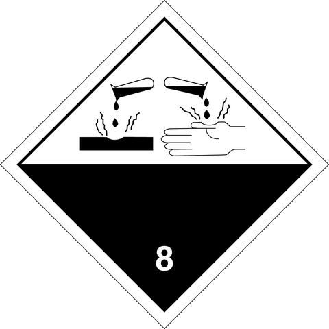Großzettel der Klasse 8 für ätzende Stoffe. Permanentkleber mit einer Haltbarkeit von 5 Jahren im Innen- und Außenbereich. Kann mindestens 3 Monate im Seewasser verbleiben, IMDG-Code 5.2.2.2.1.7.