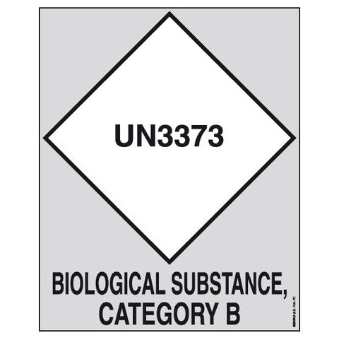 Etikett für biologische Stoffe (UN3373), Unterklasse 6.2, ist mit Text “BIOLOGICAL SUBSTANCE, CATEGORY B” gedruckt (Schriftzeichen 12 mm). Permanentkleber mit einer Haltbarkeit von 2 Jahren im Innen- und Außenbereich.