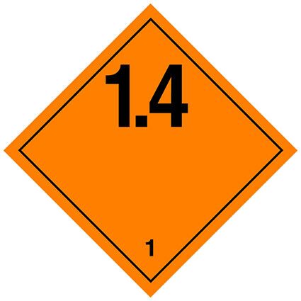 Großzettel der Klasse 1,Unterklasse 1.4,für explosive Stoffe und Gegenstände mit Explosivstoff. Permanentkleber mit einer Haltbarkeit von 5 Jahren im Innen- und Außenbereich.