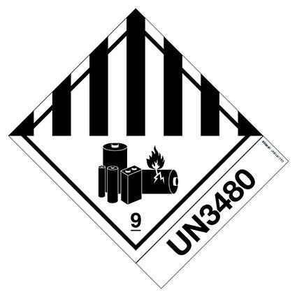 Das Etikett der Klasse 9 (IATA) Klasse 9A (ADR, RID, ADN e IMDG), für verschiedene gefährliche Stoffe und Gegenstände hat einen Drucker mit Bild Lithium Batterie ist mit “UN3480” gedruckt.