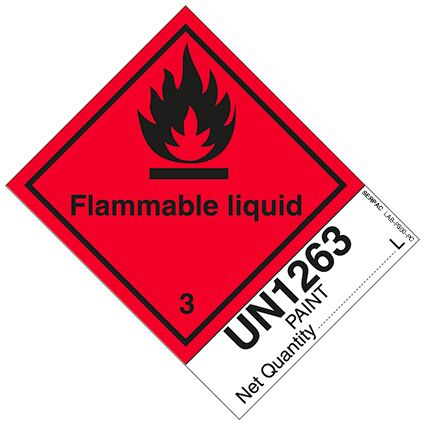 Etikettendruck mit "UN1263" (Zeichen 12 mm) "PAINT – Net Quantity …. L" (Zeichen 6 mm). Etikett enthält die Aufschrift Flammable Liquid, wie von einigen Luftfahrtunternehmen vorgeschrieben.