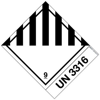 Das Etikett der Klasse 9 für verschiedene gefährliche Stoffe und Gegenstände ist mit der UN-Nummer 3316 (Zeichen 12 mm) vorgedruckt. Permanentkleber mit einer Haltbarkeit von 2 Jahren im Innen- und Außenbereich.