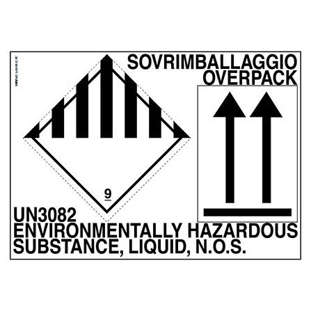 Das Etikett der Klasse 9 für verschiedene gefährliche Stoffe und Gegenstände trägt die Aufschrift „UN3082 ENVIRONMENTALLY HAZARDOUS SUBSTANCE, LIQUID, N.O.S. SOVRIMBALLAGGIO / OVERPACK” (Schriftgröße 12 mm).