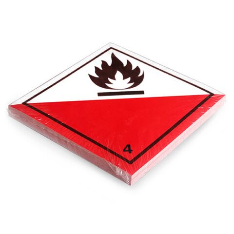 Etikett der Klasse 4, Unterklasse 4.2, für selbstentzündliche Stoffe. Permanentkleber mit einer Haltbarkeit von 5 Jahren im Innen- und Außenbereich. Kann mindesten 3 Monate im Seewasser verbleiben, IMDG-Code 5.2.2.2.1.7.