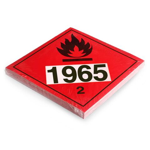Großzettel Klasse 2, Unterklasse 2.1, für entzündbare Gase mit "UN1965" bedruckt. Verwendung nur wenn Container mit Gütern der Zulassungsnummer UN1965 in einer Menge von mehr als 4000 kg beladen werden. 5 Jahre haltbar, innen und außen. IMDG-Code5.3.1.1.1