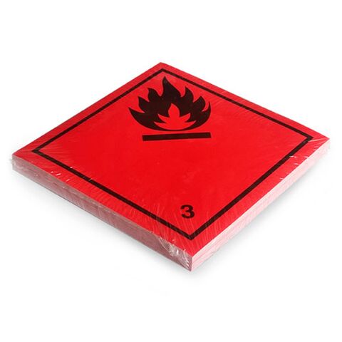 Etikett der Klasse 3 für entzündbare flüssige Stoffe. Permanentkleber mit einer Haltbarkeit von 2 Jahren im Innen- und Außenbereich. Kann mindestens 3 Monate im Seewasser verbleiben, IMDG-Code 5.2.2.2.1.7.