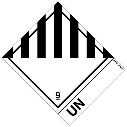 Das Etikett der Klasse 9 für verschiedene gefährliche Stoffe und Gegenstände ist mit der UN (Zeichen 12 mm) gedruckt. Permanentkleber mit einer Haltbarkeit von 2 Jahren im Innen- und Außenbereich.