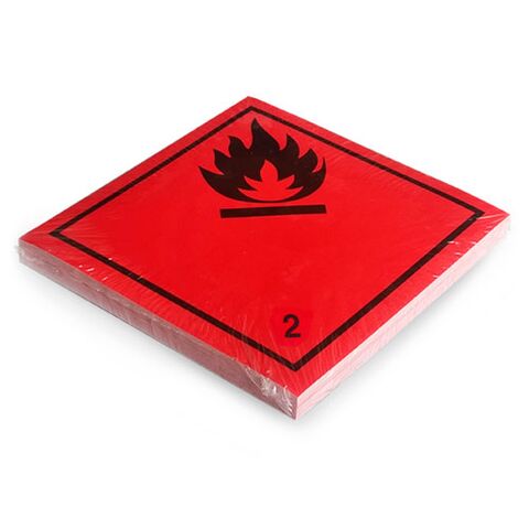 Etikett der Klasse 2, Unterklasse 2.1, für entzündbare Gase. Permanentkleber mit einer Haltbarkeit von 2 Jahren im Innen- und Außenbereich. Kann mindestens 3 Monate im Seewasser verbleiben, IMDG-Code 5.2.2.2.1.7.