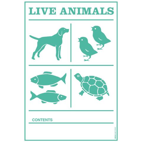 Das Etikett „Live Animals“ zur Kennzeichnung für die Luftfracht muss beim Versand oder bei der Beförderung von lebenden Tieren verwendet werden . Das Etikett entspricht in Form, Farbe, Format, Symbol und Text den Vorschriften ICAO/ IATA.