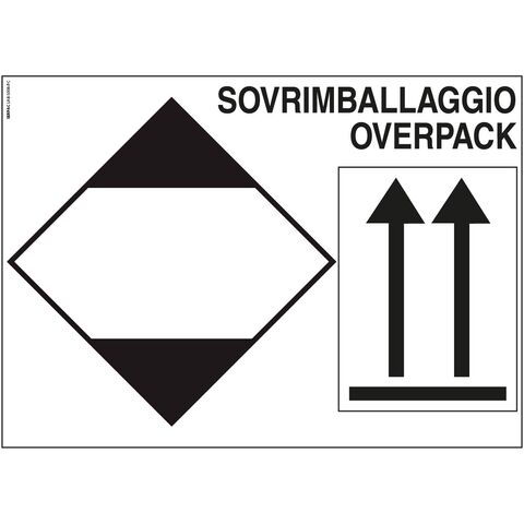 Das Etikett umfasst: Kennzeichnung „Limitierte Menge“ (100 x 100 mm), Orientierungspfeile und die Aufschrift „SOVRIMBALLAGGIO / OVERPACK“ (Schriftgröße 12 mm).