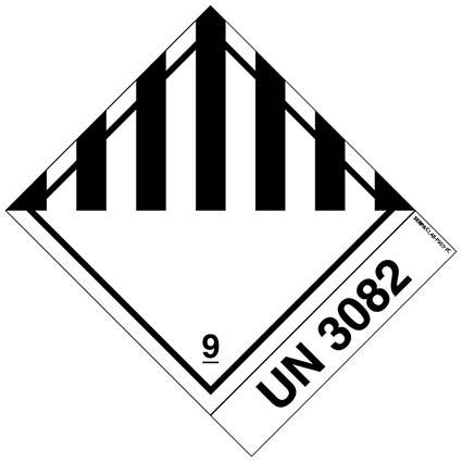 Das Etikett der Klasse 9 für verschiedene gefährliche Stoffe und Gegenstände ist mit “UN3082” gedruckt (Zeichen 12 mm). Permanentkleber mit einer Haltbarkeit von 2 Jahren im Innen- und Außenbereich.