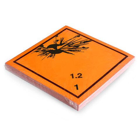 Etikett der Klasse 1, Unterklasse 1.2, für explosive Stoffe und Gegenstände mit Explosivstoff. Permanentkleber mit einer Haltbarkeit von 2 Jahren im Innen- und Außenbereich. Kann mindestens 3 Monate im Seewasser verbleiben, IMDG-Code 5.2.2.2.1.7.