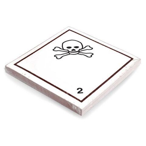 Etikett der Klasse 2, Unterklasse 2.3, für giftige Gase. Permanentkleber mit einer Haltbarkeit von 2 Jahren im Innen- und Außenbereich. Kann mindestens 3 Monate im Seewasser verbleiben, IMDG-Code 5.3.1.1.1.