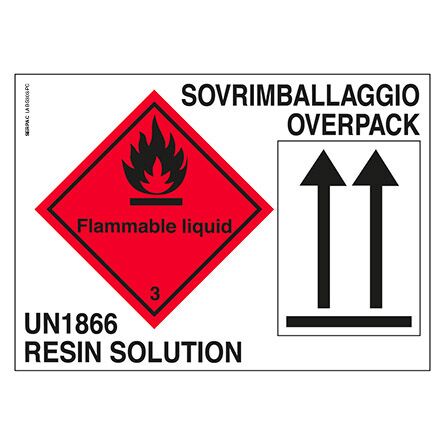 Das Etikett umfasst ein Etikett der Klasse 3 mm 100x100, Orientierungspfeile und die Kennzeichnung „UN1866 RESIN SOLUTION SOVRIMBALLAGGIO / OVERPACK” (Schriftgröße 12 mm).